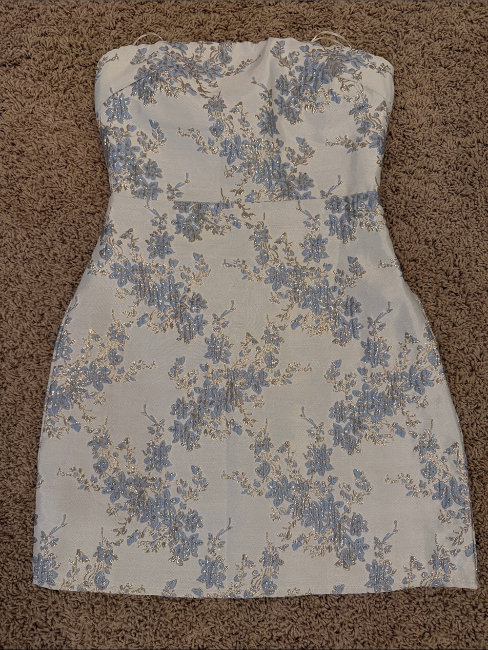 Altar’d State Strapless Floral Jacquard Mini Dress in Ivory and Light Blue